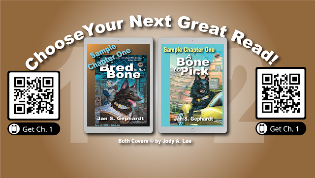 It says “Choose Your Next Great Read,” and shows e-reader visualizations of “Sample Chapter One of What’s Bred in the Bone,” and “Sample Chapter One of A Bone to Pick.” The left-hand QR code takes readers to the free download for Chapter One of “What’s Bred in the Bone,” while the QR code on the right leads to the free download for Chapter One of “A Bone to Pick.”