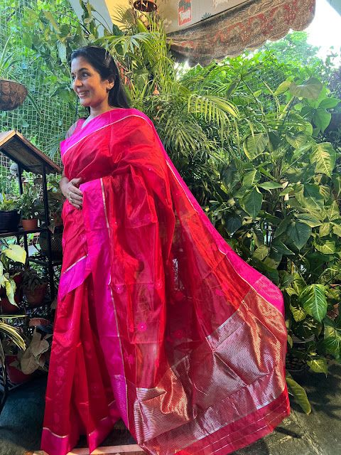 Red silk Chanderi with mushroo is border