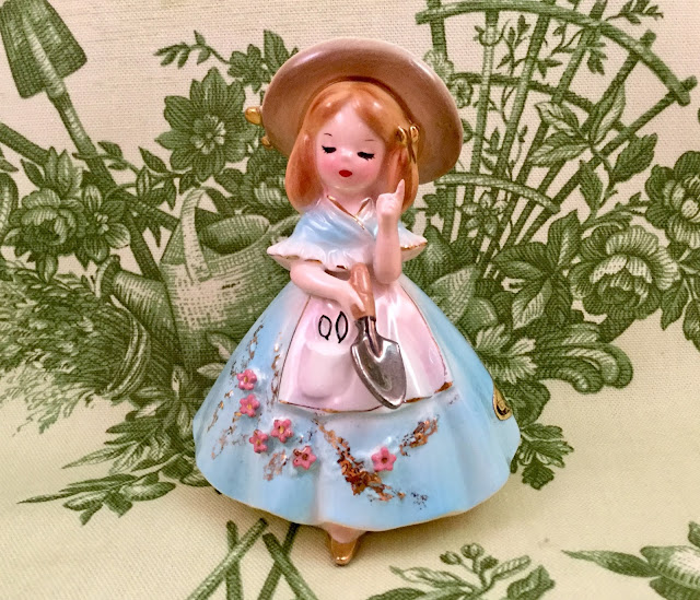 Vintage Josef Originals figurine Nursery Rhymes series girl Mary Mary Quite Contrary gardening spade shovel