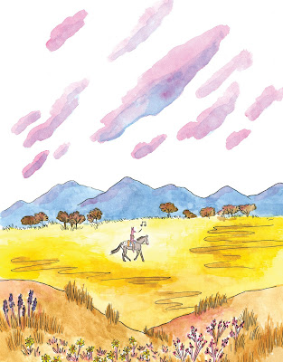 An illustration of a desert with a dog-girl on a horse in the mid-ground.