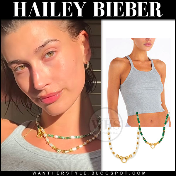 hailey%20bieber%20in%20grey%20tank%20top%20and%20green%20and%20white%20necklace%20instagram%20mach%2011%202023