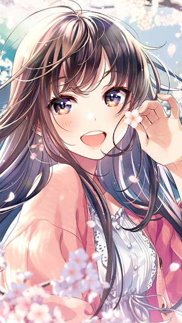  Anime Girl, Pretty, Brown Hair, Smiling, Cherry Blossom Hd, 4k