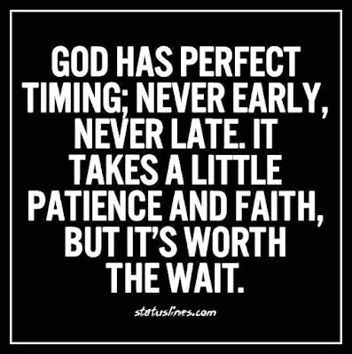 God has perfect timing; never early, never late. It takes a little patience and it takes a lot of faith but it's worth the wait.