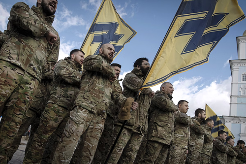 Ukrainian veterans of the Azov volunteer battalion attend a rally in Kyiv, Ukraine in 2020.