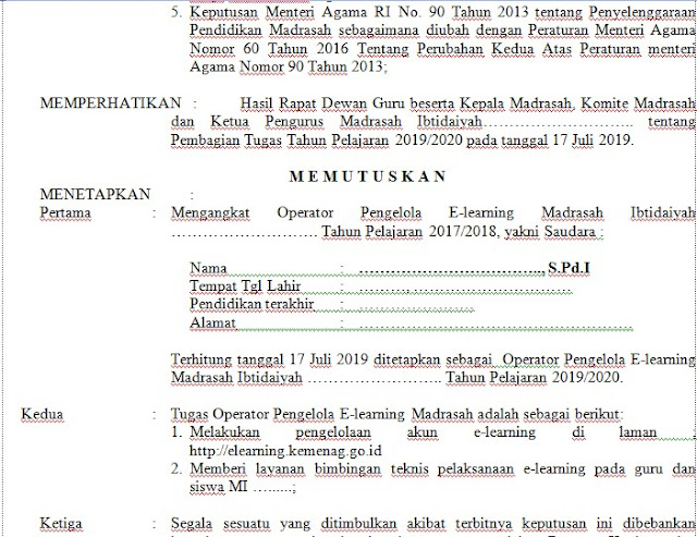 MS. Word Contoh SK Pengangkatan Operator E-Learning Madrasah