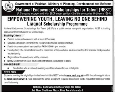 National Endowment Scholarship for Talented, NEST, Pakistan, Eligibility, Method of Application, Application Deadline, Documents Required, 