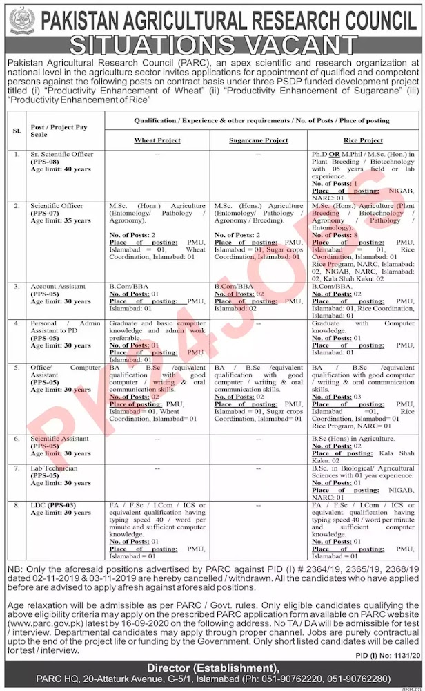 Pakistan Agricultural Research Council PARC Jobs 2020