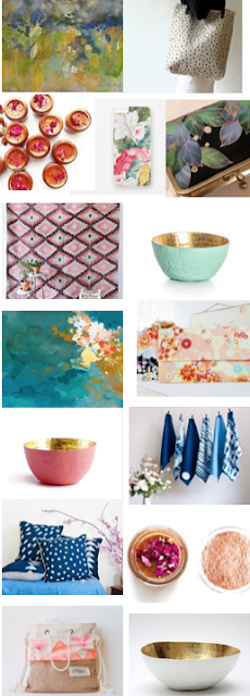 Best etsy stores for home decor and women's fashion including original watercolor paintings and abstract oil paintings, shibori, paper mache gold leaf bowls, blue and white pottery, and more