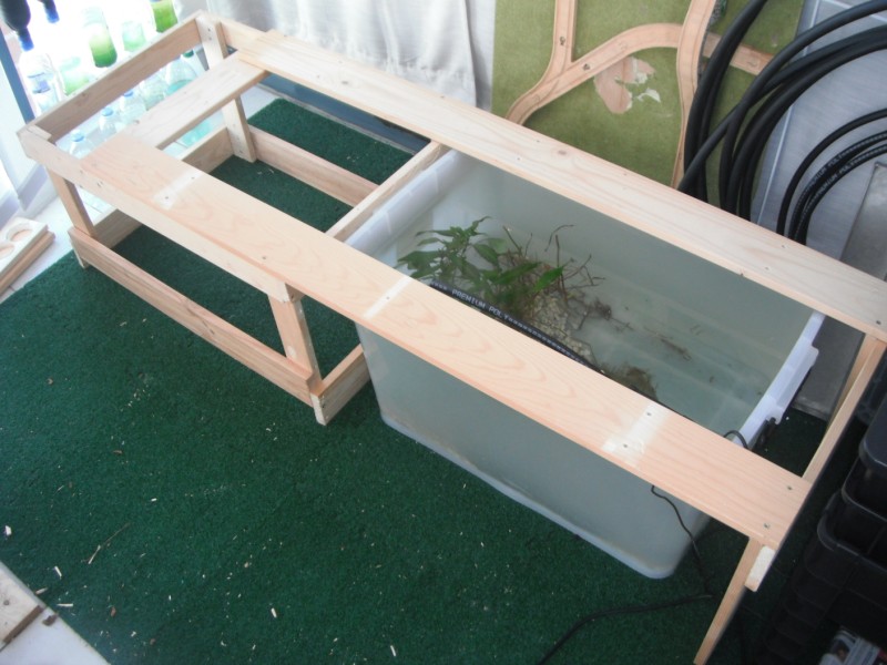 built a wood frame around the fish tank to support the grow beds 