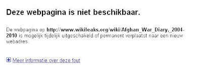 De webpagina op http://www.wikileaks.org/wiki/Afghan_War_Diary,_2004-2010 is mogelijk tijdelijk uitgeschakeld of permanent verplaatst naar een nieuw webadres.