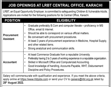 Procurement Assistant Job At LRBT Central Office Karachi