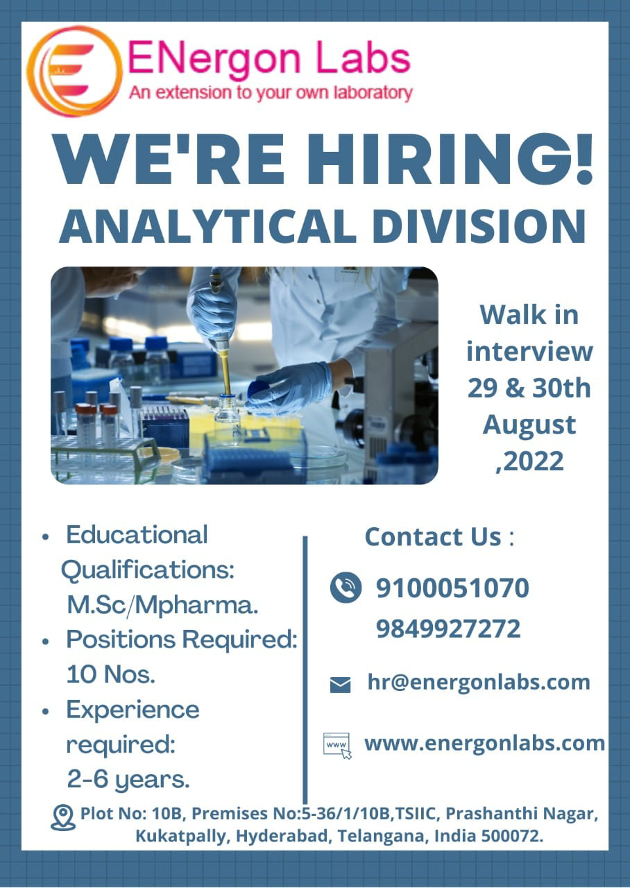 Job Available's for Energon Labs Walk-In Interview for Analytical Division