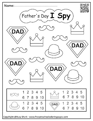 Father's day I Spy game easy level free printable preschool coloring pages ,learn numbers and counting for kids