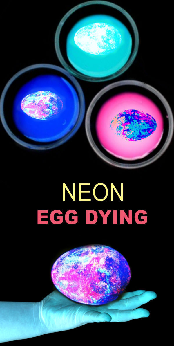 Make glow-in-the-dark Easter eggs using this easy neon dye recipe.  This Easter egg dye idea will wow kids of all ages, even the adults! #eggdye #eggdying #eastereggdyeideas #glowinthedarkeastereggs #glowinthedarkeaster #neoneastereggs #neoneggcoloring #neoneggdye #gloweggs