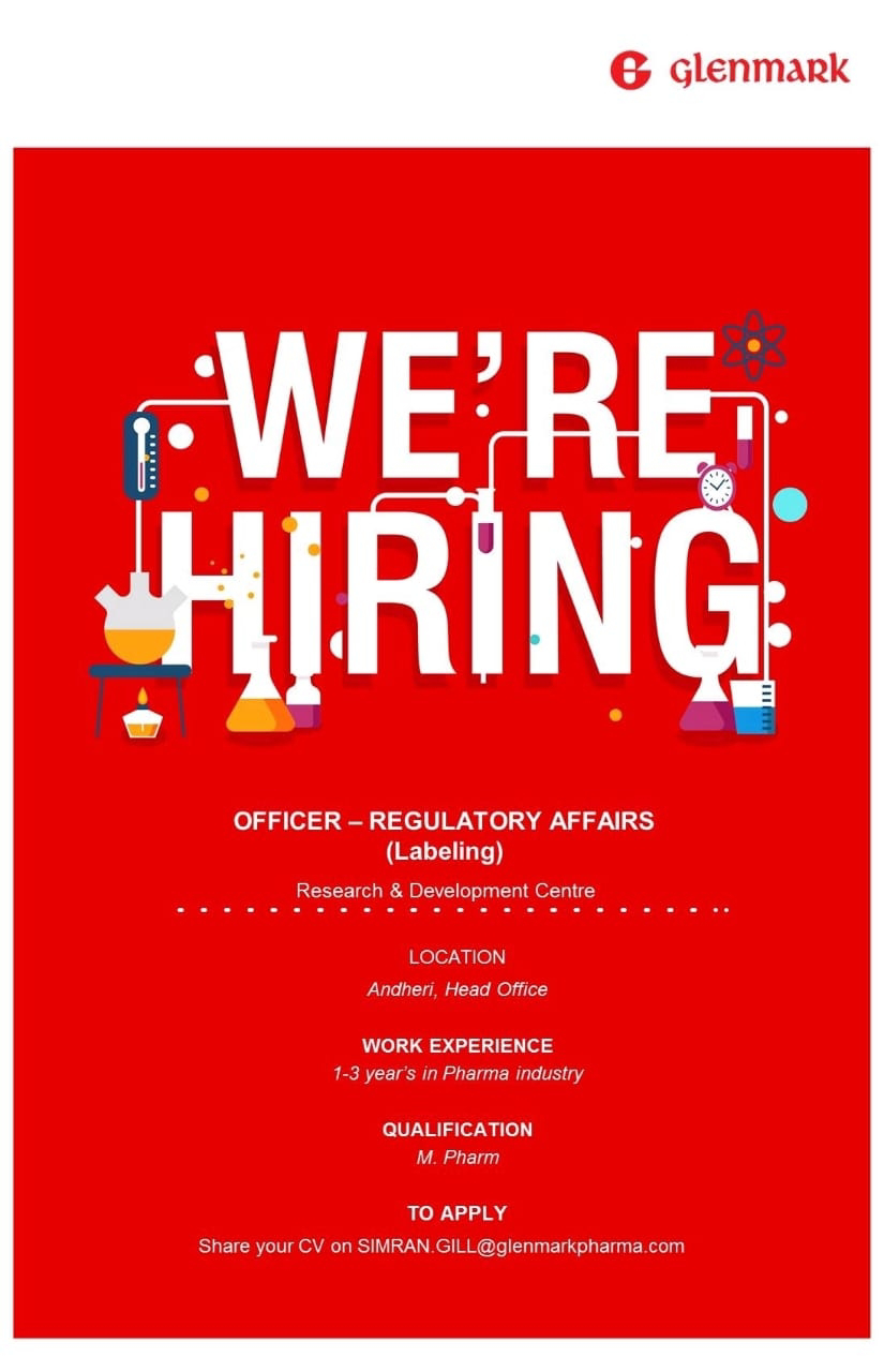 Job Available,Glenmark Job Opening For Officer Regulatory Affairs (Labeling)
