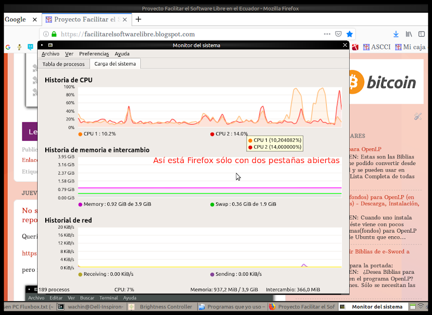 Consumo de memoria de Firefox antes y después de abrir ocho pestañas y al cerrarlas