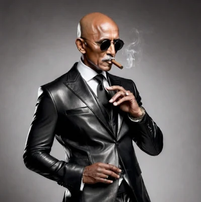 Gandhi looking all slicking swag in his black leather suit from the knees up smoking a cigar tinted sunglasses