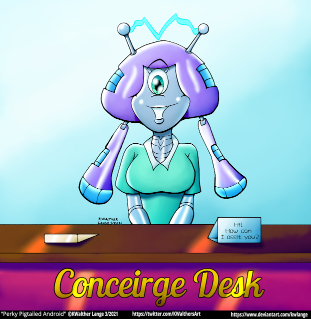 A Perky Pigtailed Android with one eye standing at a hotel concierge desk.