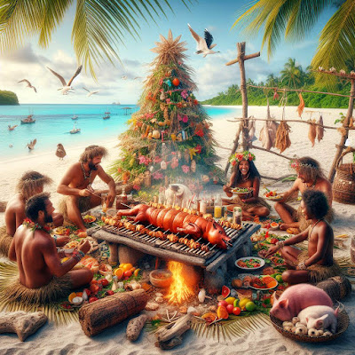 Lucayan family enjoying a feast on tropical beach