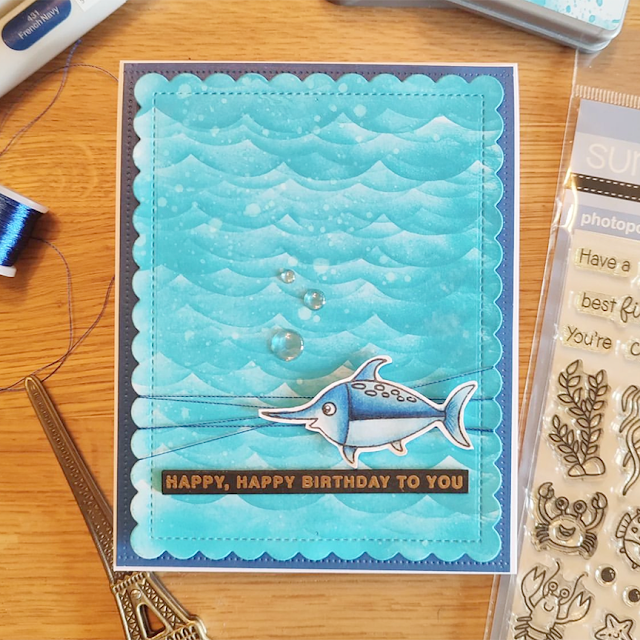 Sunny Studio Stamps Best Fishes and Frilly Frames Hexagon Scalloped Sword Fish card by Beccy