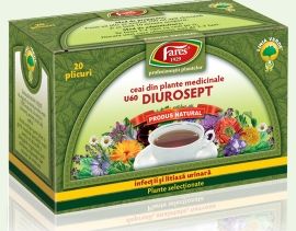 poza cutia ceaiului Dioresept de la fares ceai din plante medicinale naturale pentru inflamatii si infectii urinare bun si pentru copii, adulti, femei insarcinate si chiar si cele care alapteaza