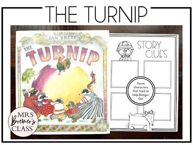 The Turnip Jan Brett book activities unit with read aloud companion printables, reading comprehension worksheets, literacy lesson ideas, and a craft for Kindergarten, First Grade, and Second Grade