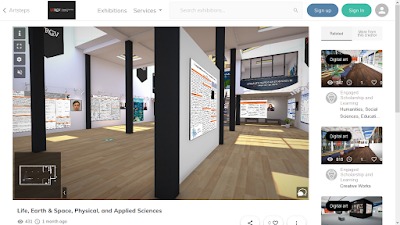 Virtual room with student posters on walls.