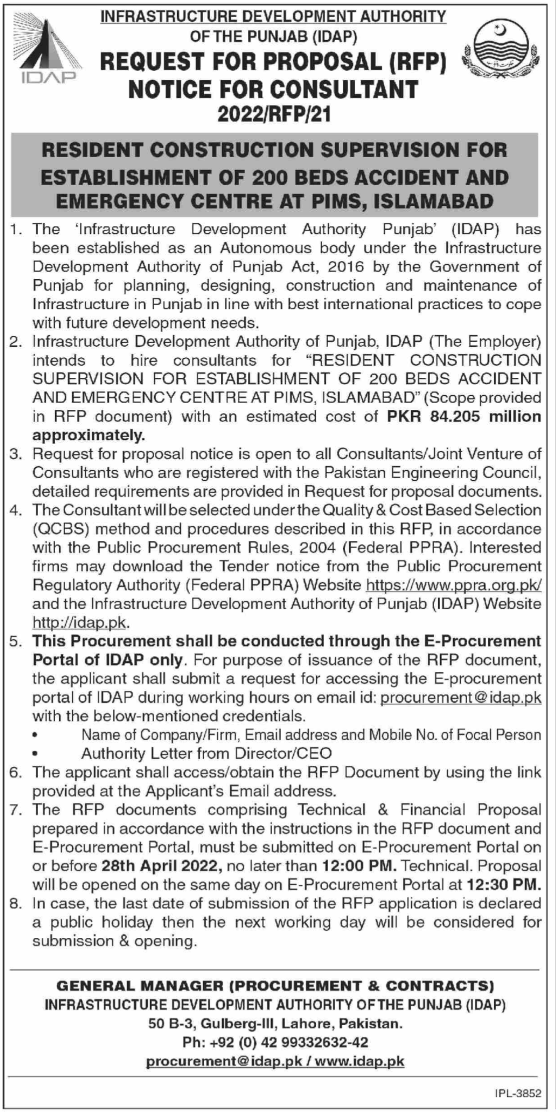 Latest Infrastructure Development Authority of Punjab Consultant Posts Islamabad 2022