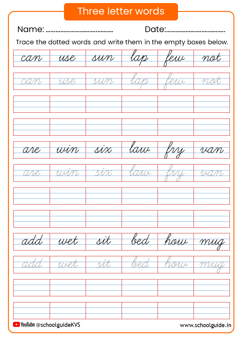 Three Letter Words Cursive Writing Worksheets