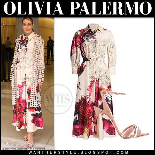 Olivia Palermo in beige cutout coat and belted floral print dress