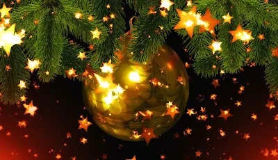 Imagem de Decoração de Natal, Bola Dourada, Estrelas Brilhantes, Ramo de Árvore, Baixe grátis papel de parede para PC, Notebook, celular e iPhone.