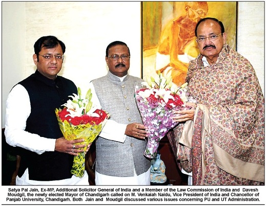 Satya Pal Jain, Ex-MP, Additional Solicitor General of India and Davesh Moudgil, the newly elected Mayor of Chandigarh called on M. Venkaiah Naidu, Vice President of India and Chancellor of Panjab University, Chandigarh