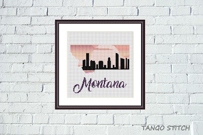 Montana state map silhouette sunset cross stitch pattern - Tango Stitch