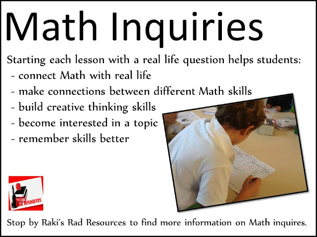 Math inquiries - a way to get kids thinking about their math in real life terms - from Raki's Rad Resources