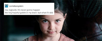 A picture of Diana as a child in Wonder Woman with a tumblr post posted over it that says "me, logically: it's never gonna happen. the tiny hopeful goblin in my brain: but what if it did"