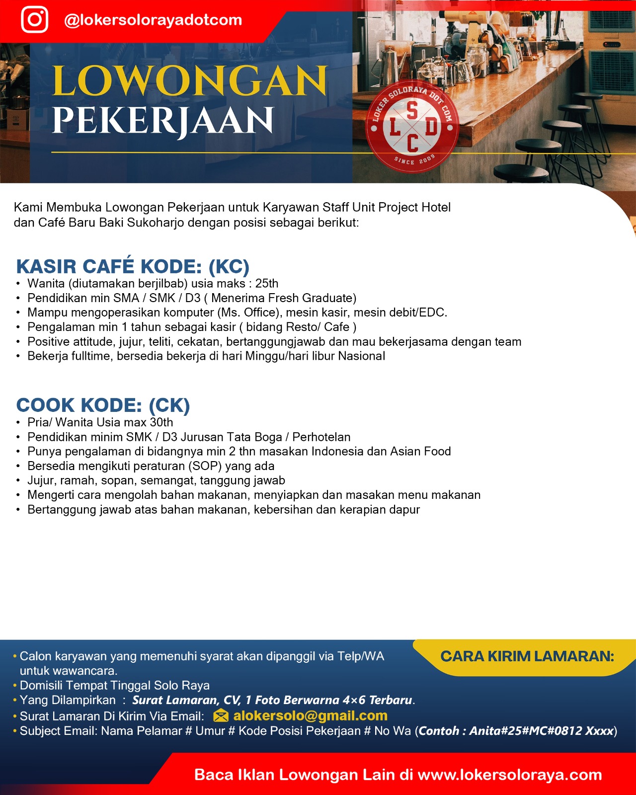 Loker Perhotelan dan Cafe Sukoharjo Bulan Mei 2024