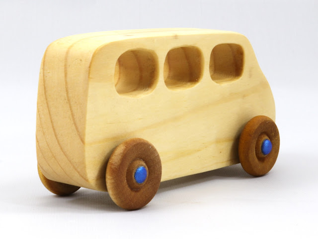 Handmade Wooden Toy Minivan from the Play Pal Series Finished With Nontoxic Clear Shellac and Metallic Blue Acrylic