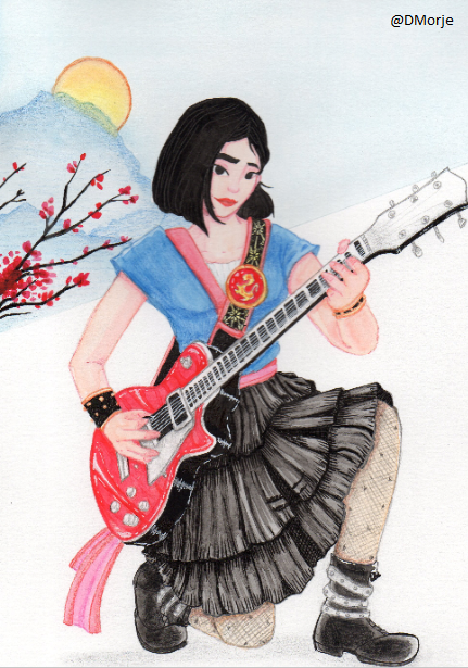 desenho mulan guitarrista em aquarela artista dmorje