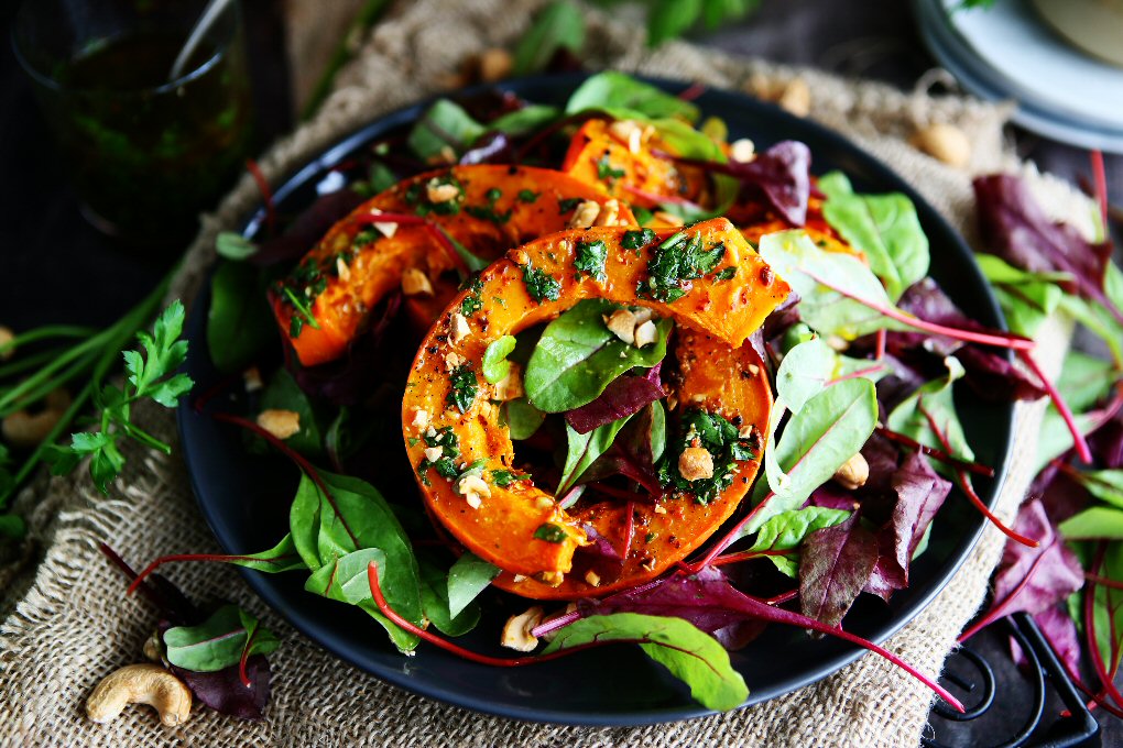 Baby Leaf Salad with Roasted Hokkaido and Herb Dressing