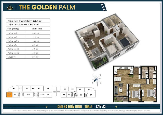 Thiết kế căn A2, 81m, tòa A - The Golden Palm