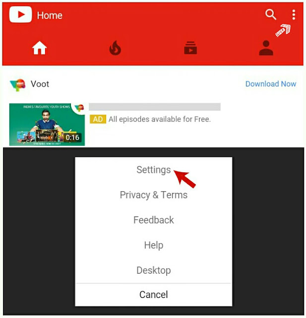 YouTube settings option