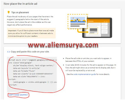 Copy Code Snippet Untuk Menyalin Kode Script Iklan Dan Paste Ke Dalam Postingan Blog