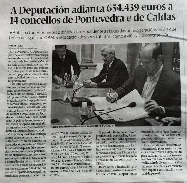 La Diputación anticipa 654.400 euros a 14 concellos para afrontar gastos corrientes y de tesorería  Barro recibe 20.750,88 €