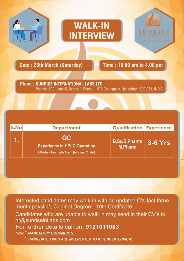 Sunrise International Labs | Walk-in Interview for Quality Control on 25th March 2023