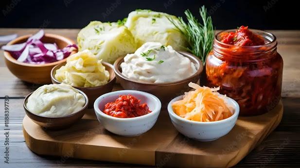 A plate with yogurt, kimchi, and sauerkraut