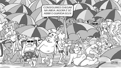 Charge sobre a praia lotada no verão