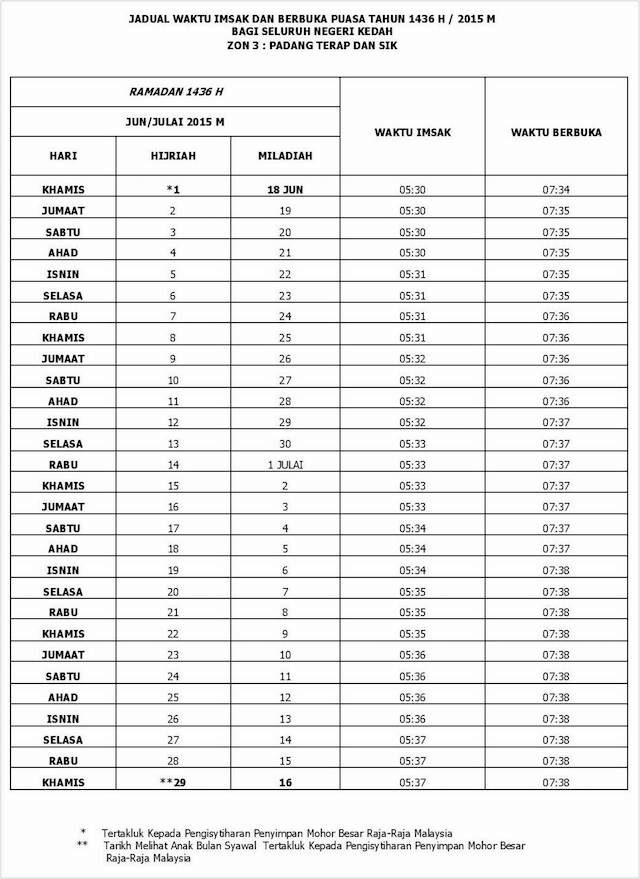 Jadual Waktu Buka Puasa Dan Imsak Negeri Kedah 2015 1436H