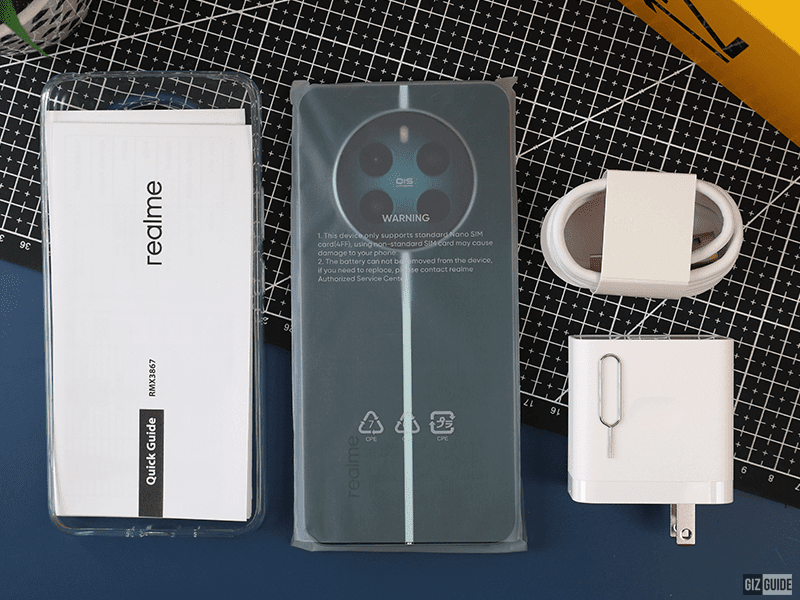 realme 12+ 5G, charging cable, wall charger, silicone case, documentation