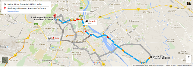 Route Map to Rashtrapati Bhavan from Noida