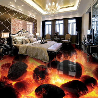 exclusive lava and flame themed 3d floor tiles designs for bedroom area, bedroom interior with 3d design